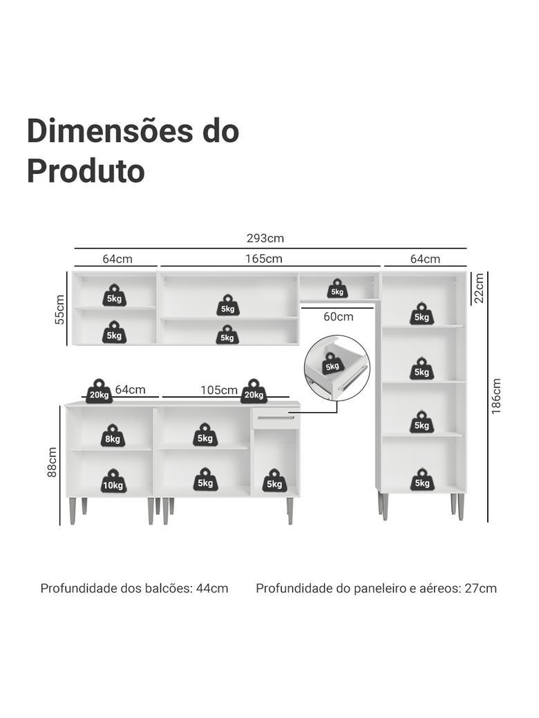 Armário de Cozinha Completa 293cm Branco Emilly Madesa 01