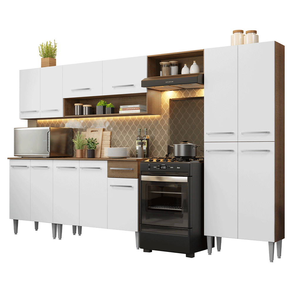 Armário de Cozinha Completa 293cm Rustic/Branco Emilly Madesa 01 - Rustic/Branco