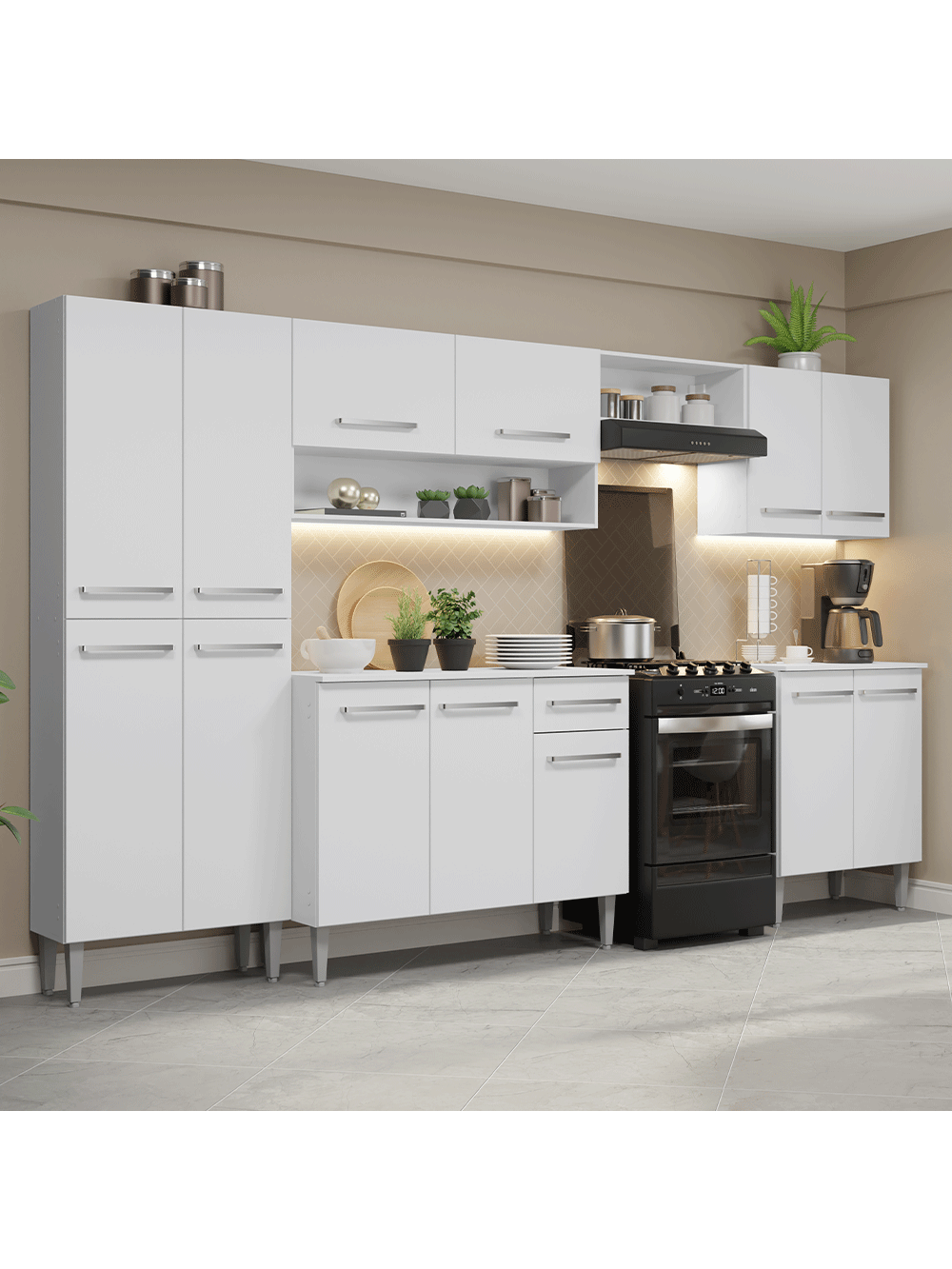 Armário de Cozinha Completa 293cm Branco Emilly Madesa 02 - Branco