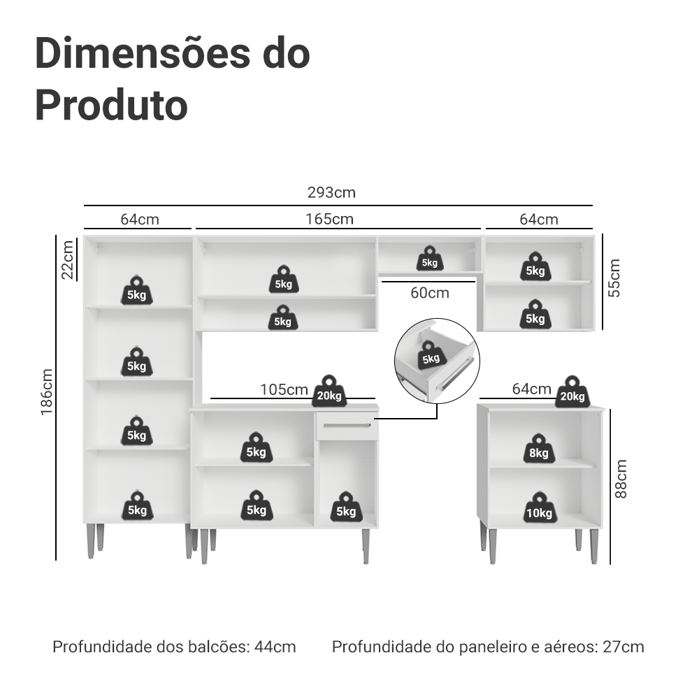 Armário de Cozinha Completa 293cm Branco Emilly Madesa 02