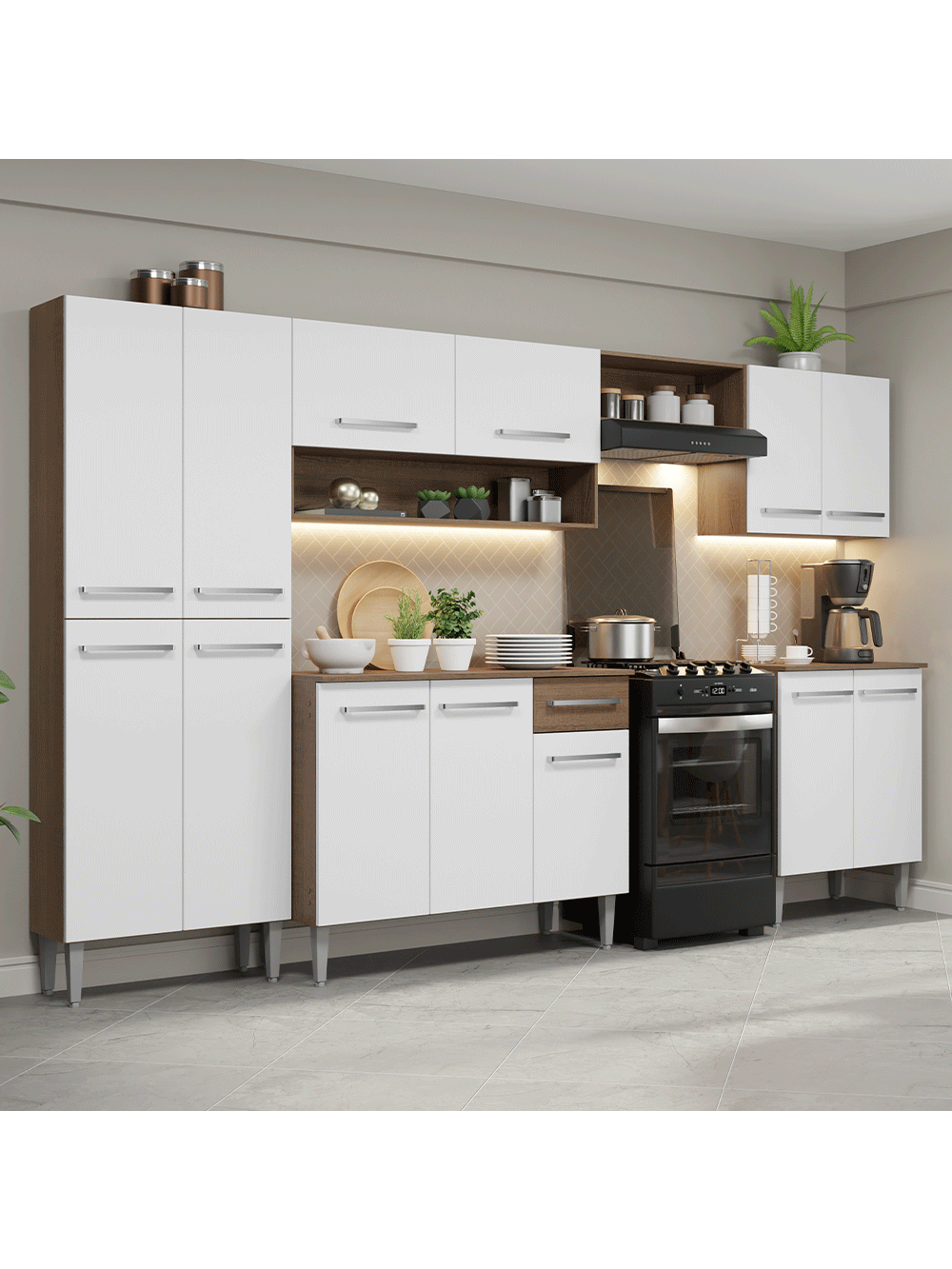 Armário de Cozinha Completa 293cm Rustic/Branco Emilly Madesa 02 - Rustic/Branco