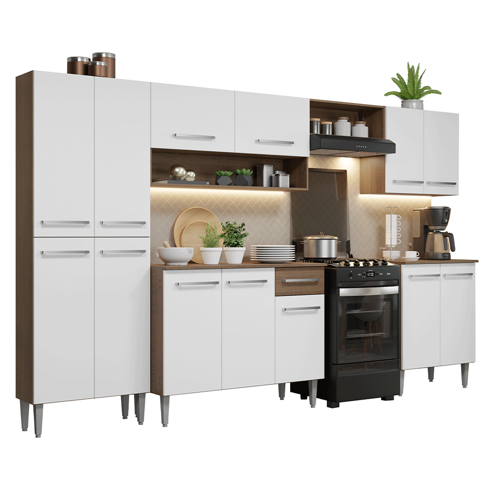 Armário de Cozinha Completa 293cm Rustic/Branco Emilly Madesa 02 - Rustic/Branco