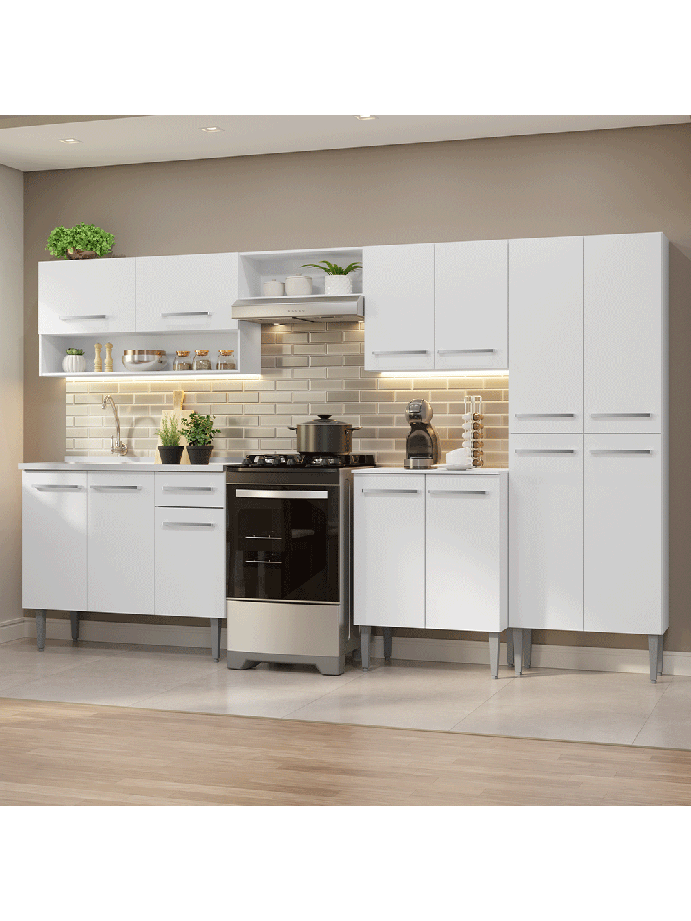 Armário de Cozinha Completa 293cm com Pia Branco Emilly Madesa 09 - Branco