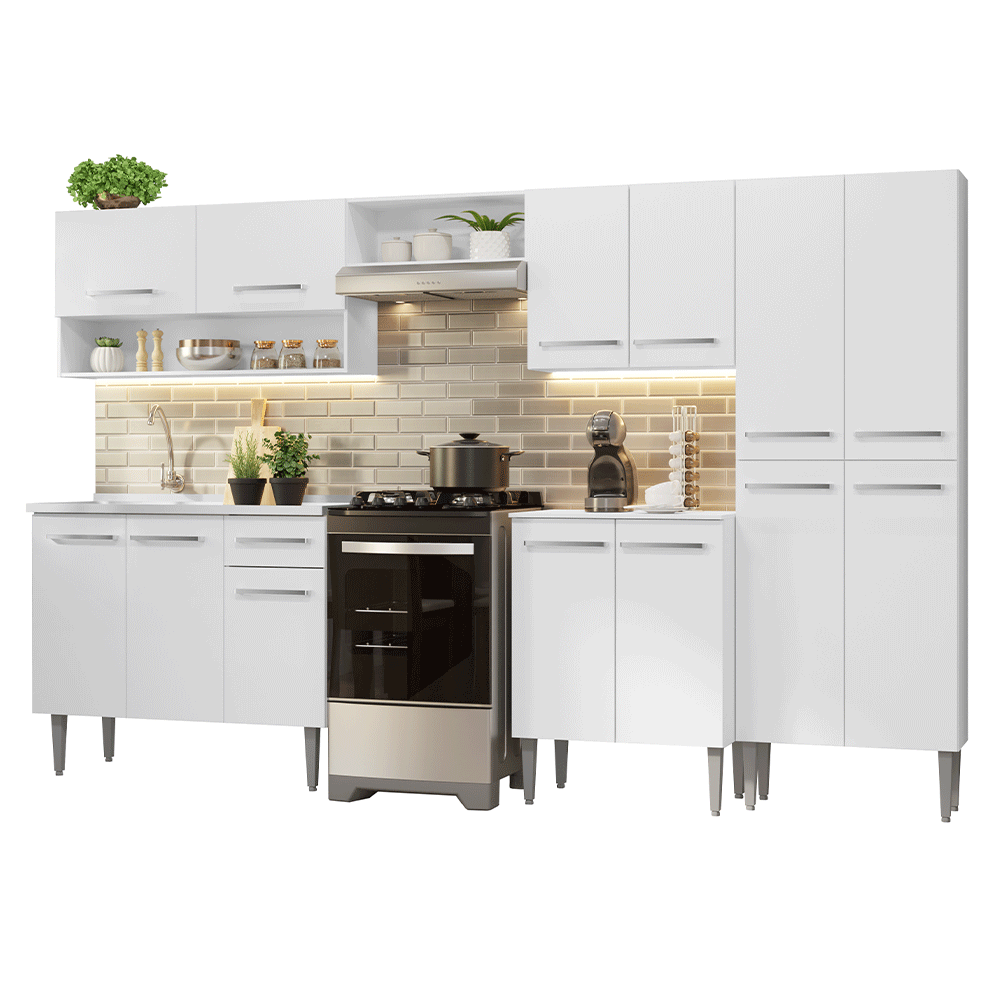 Armário de Cozinha Completa 293cm com Pia Branco Emilly Madesa 09 - Branco