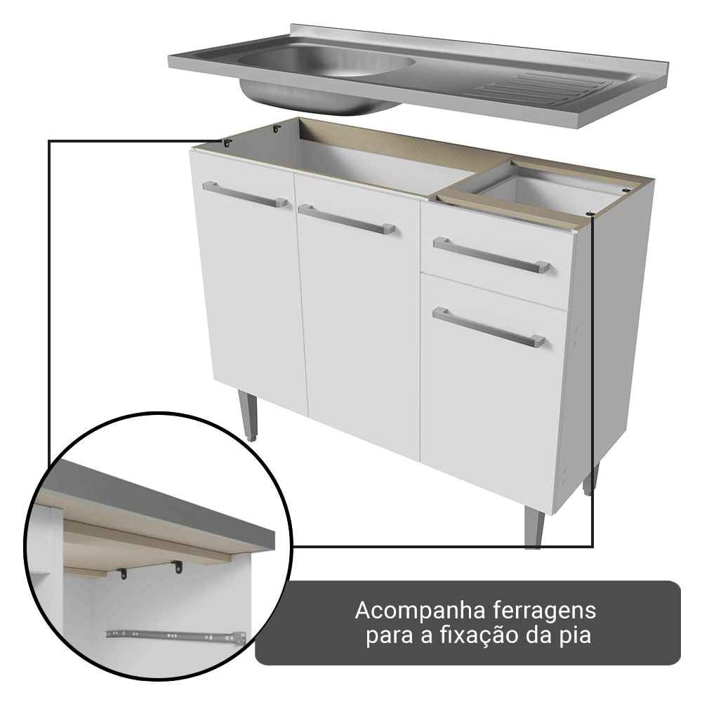 Armário de Cozinha Completa 293cm com Pia Branco Emilly Madesa 09