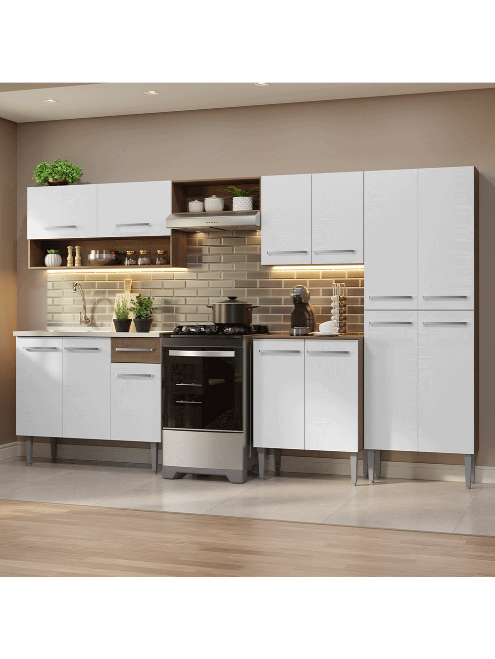 Armário de Cozinha Completa 293cm com Pia Rustic/Branco Emilly Madesa 09 - Rustic/Branco