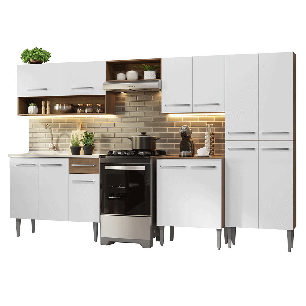 Armário de Cozinha Completa 293cm com Pia Rustic/Branco Emilly Madesa 09 - Rustic/Branco