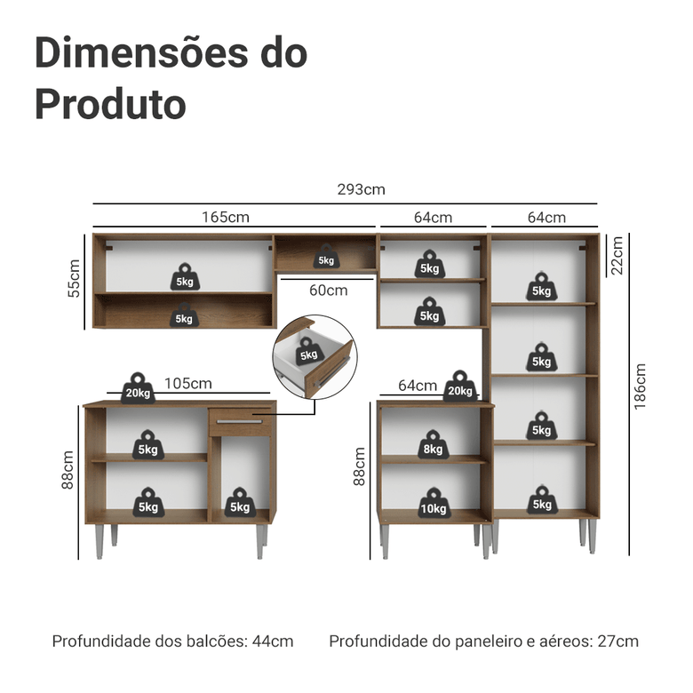Armário de Cozinha Completa 293cm com Pia Rustic/Branco Emilly Madesa 09