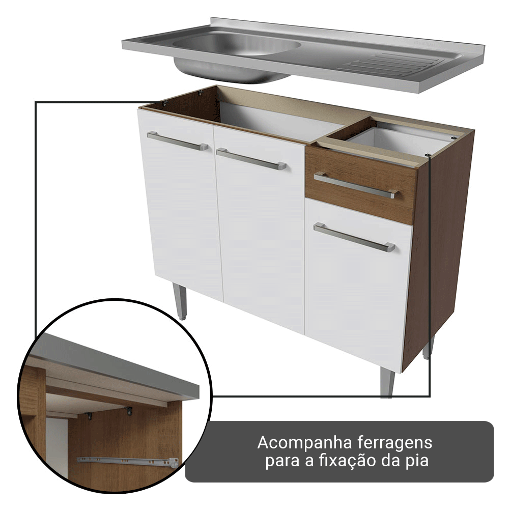 Armário de Cozinha Completa 293cm com Pia Rustic/Branco Emilly Madesa 09
