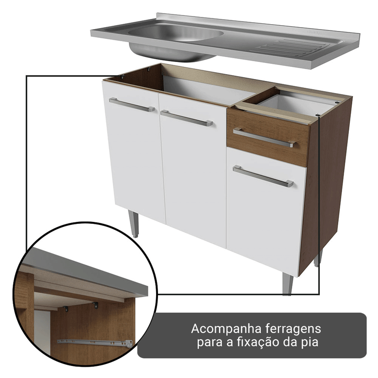Armário de Cozinha Completa 293cm com Pia Rustic/Branco Emilly Madesa 09