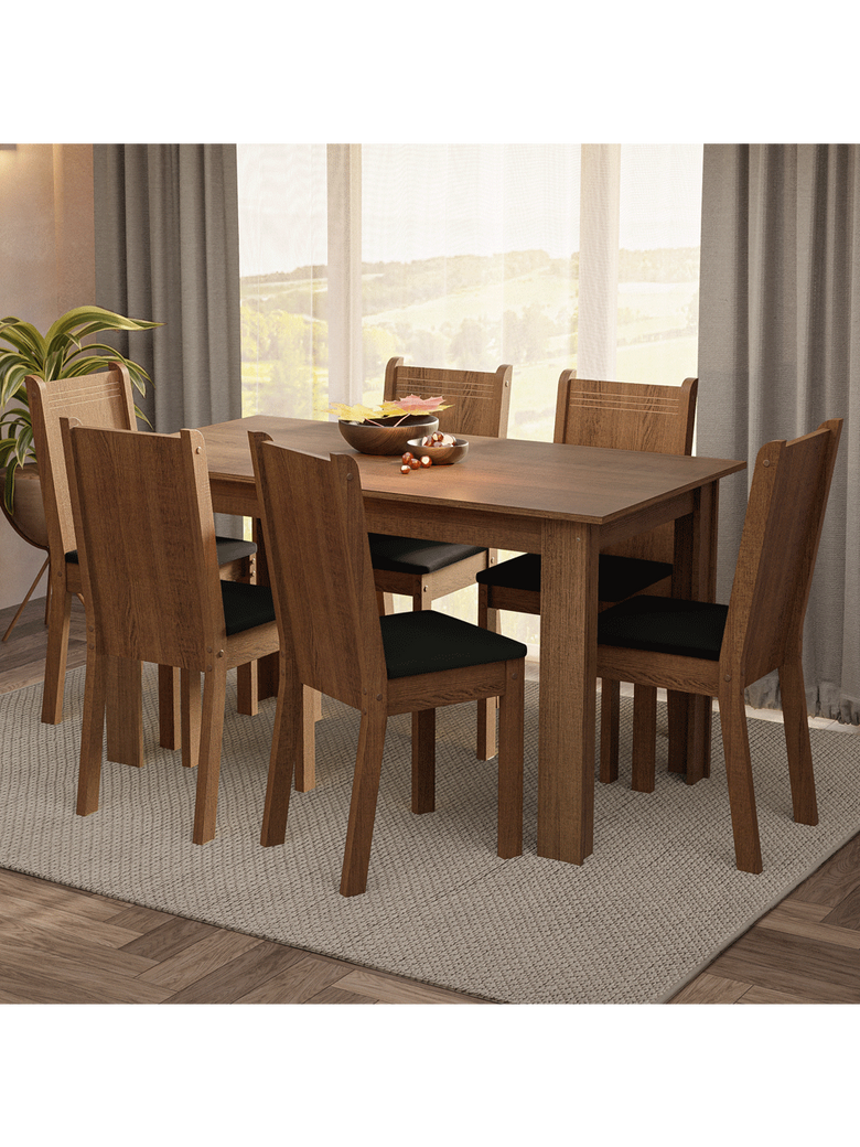 Conjunto Sala de Jantar Mesa Tampo de Madeira 6 Cadeiras Rustic/Preto Analu Madesa