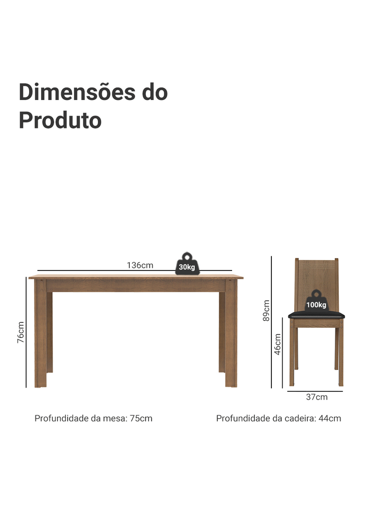 Conjunto Sala de Jantar Mesa Tampo de Madeira 6 Cadeiras Rustic/Preto Analu Madesa