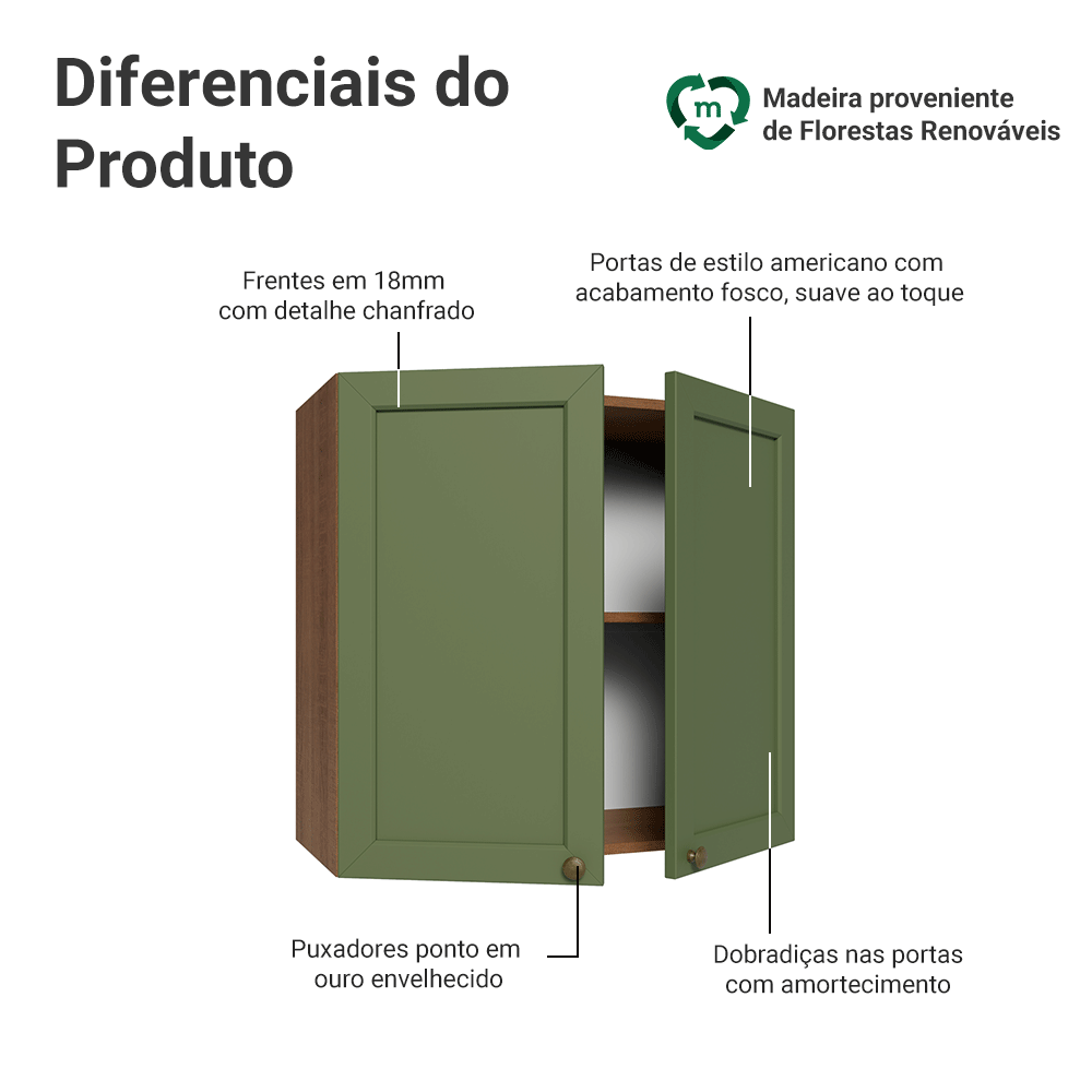 Armário Aéreo 70 cm 2 Portas Rustic/Verde Vik Madesa