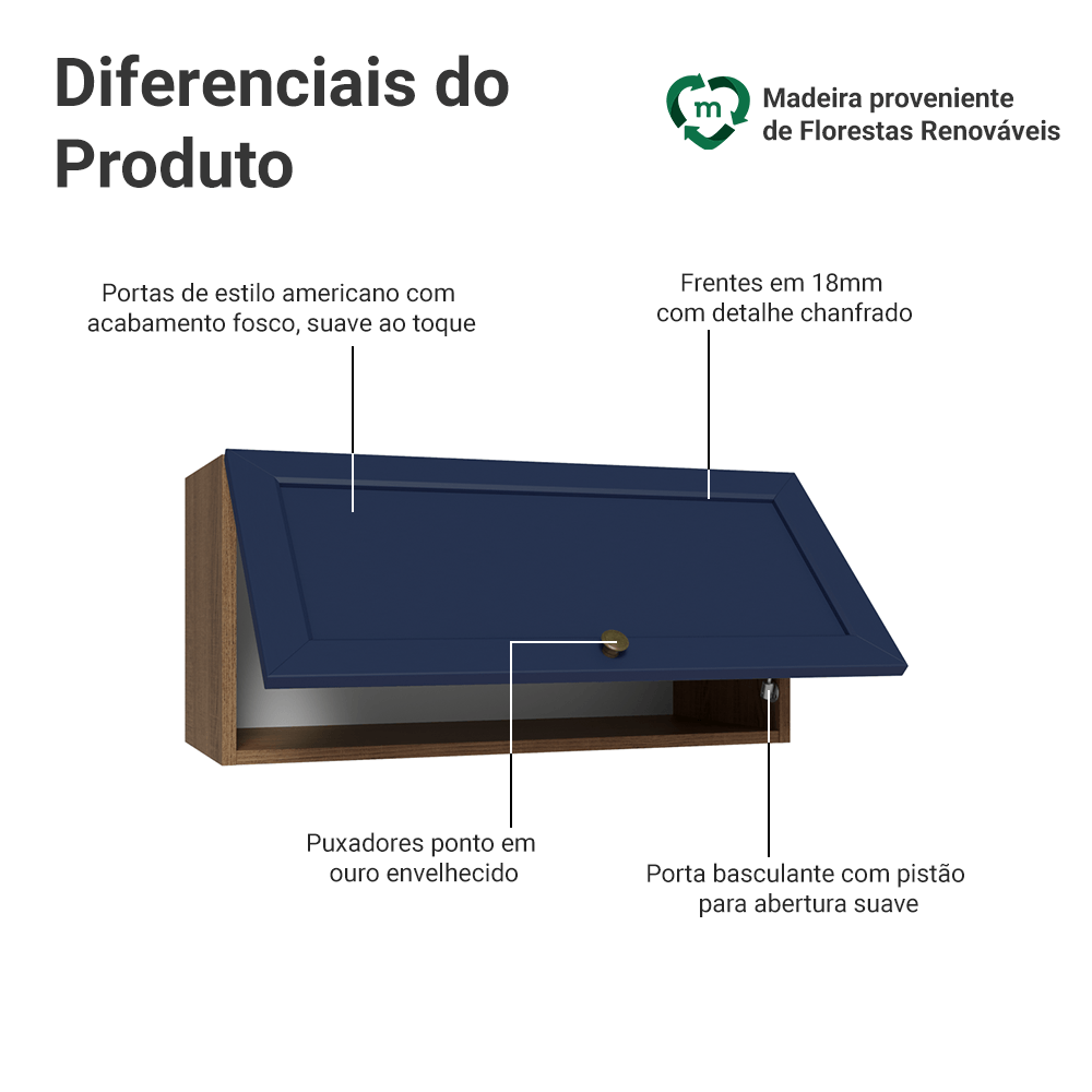 Armário Aéreo 70 cm 1 Porta Basculante Rustic/Azul Vik Madesa