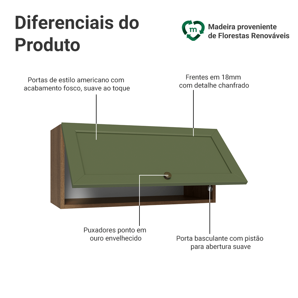 Armário Aéreo 70 cm 1 Porta Basculante Rustic/Verde Vik Madesa