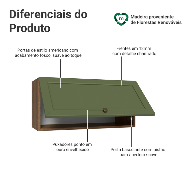 Armário Aéreo 70 cm 1 Porta Basculante Rustic/Verde Vik Madesa