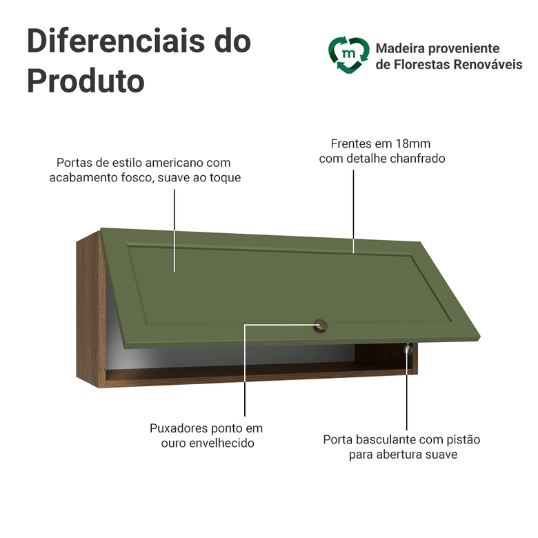 Armário Aéreo 80 cm 1 Porta Basculante Rustic/Verde Vik Madesa