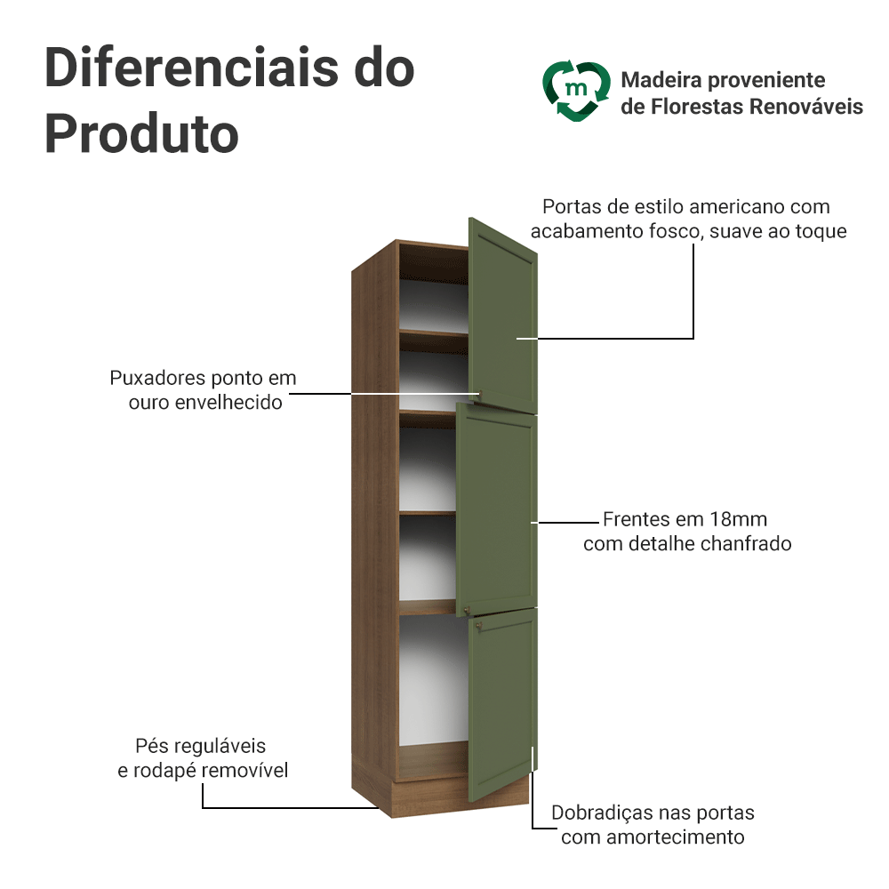 Paneleiro 60 cm 3 Portas Rustic/Verde Vik Madesa