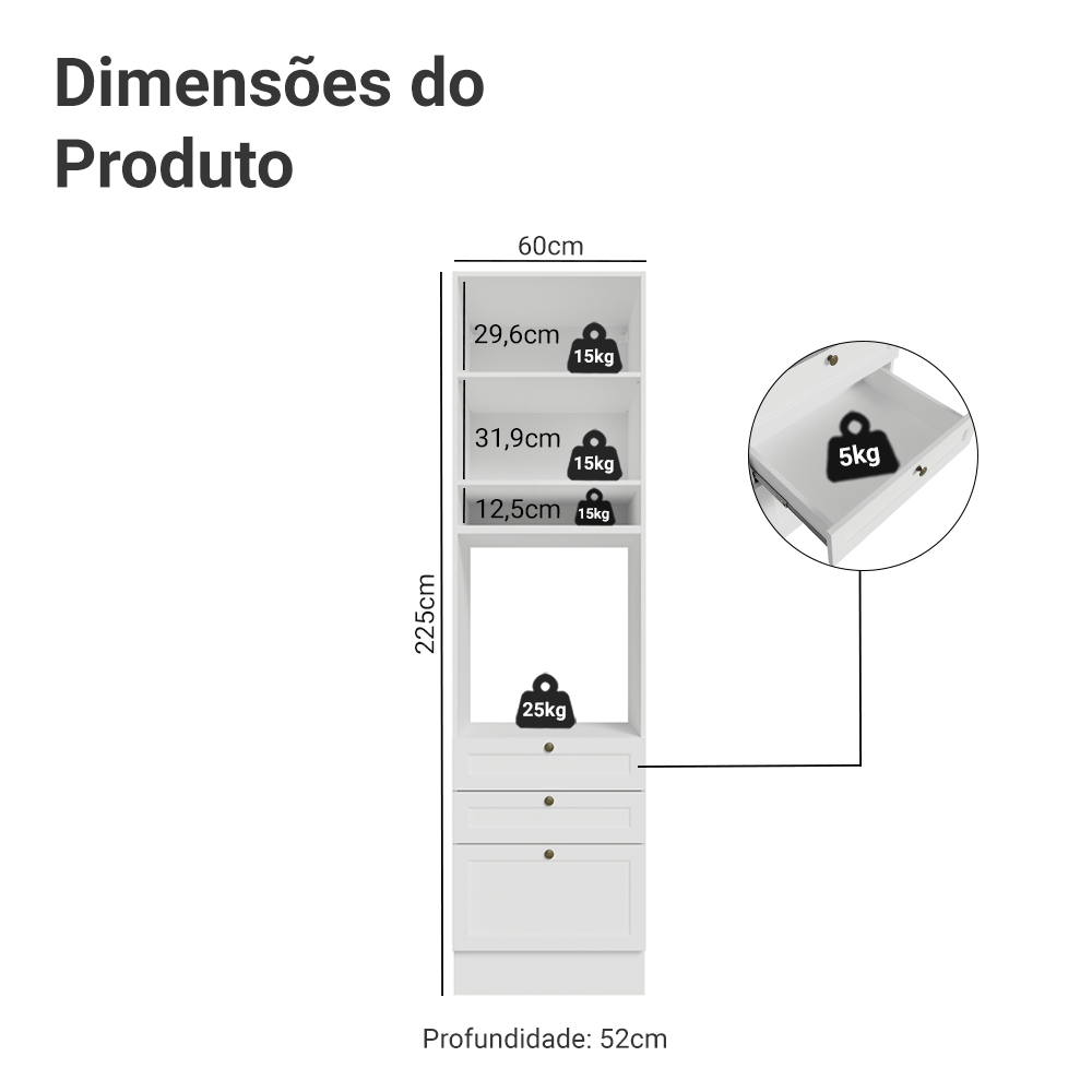 Torre Quente 60 cm 1 Porta 3 Gavetas Branco Vik Madesa - Branco