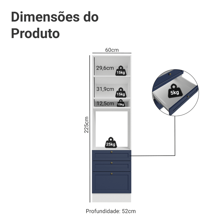 Torre Quente 60 cm 1 Porta 3 Gavetas Branco/Azul Vik Madesa