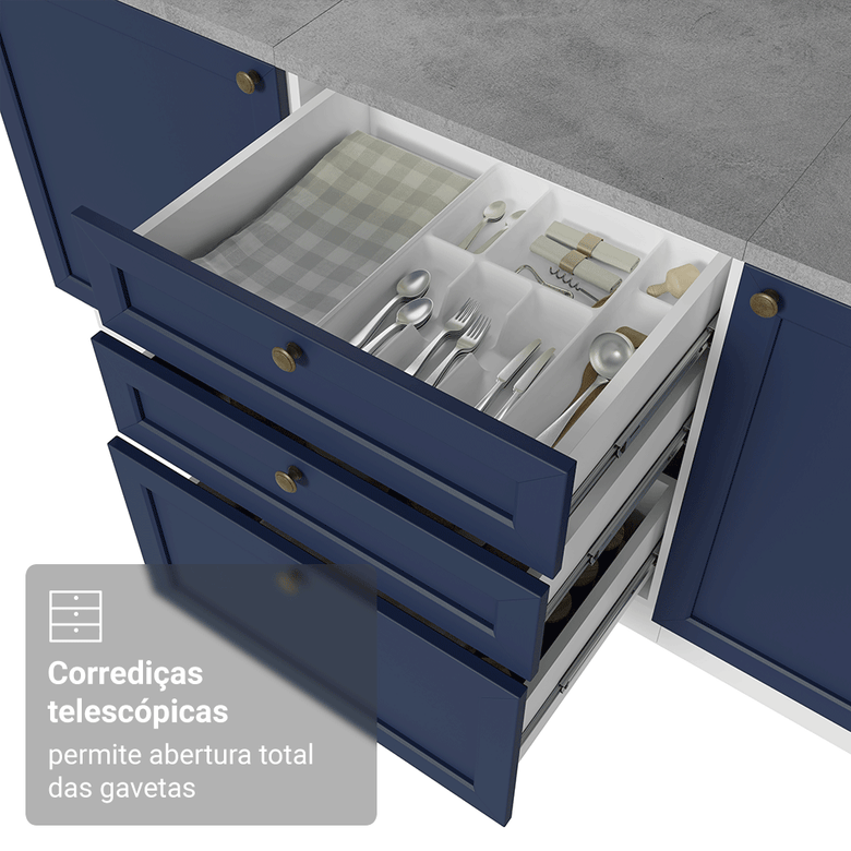 Torre Quente 60 cm 1 Porta 3 Gavetas Branco/Azul Vik Madesa