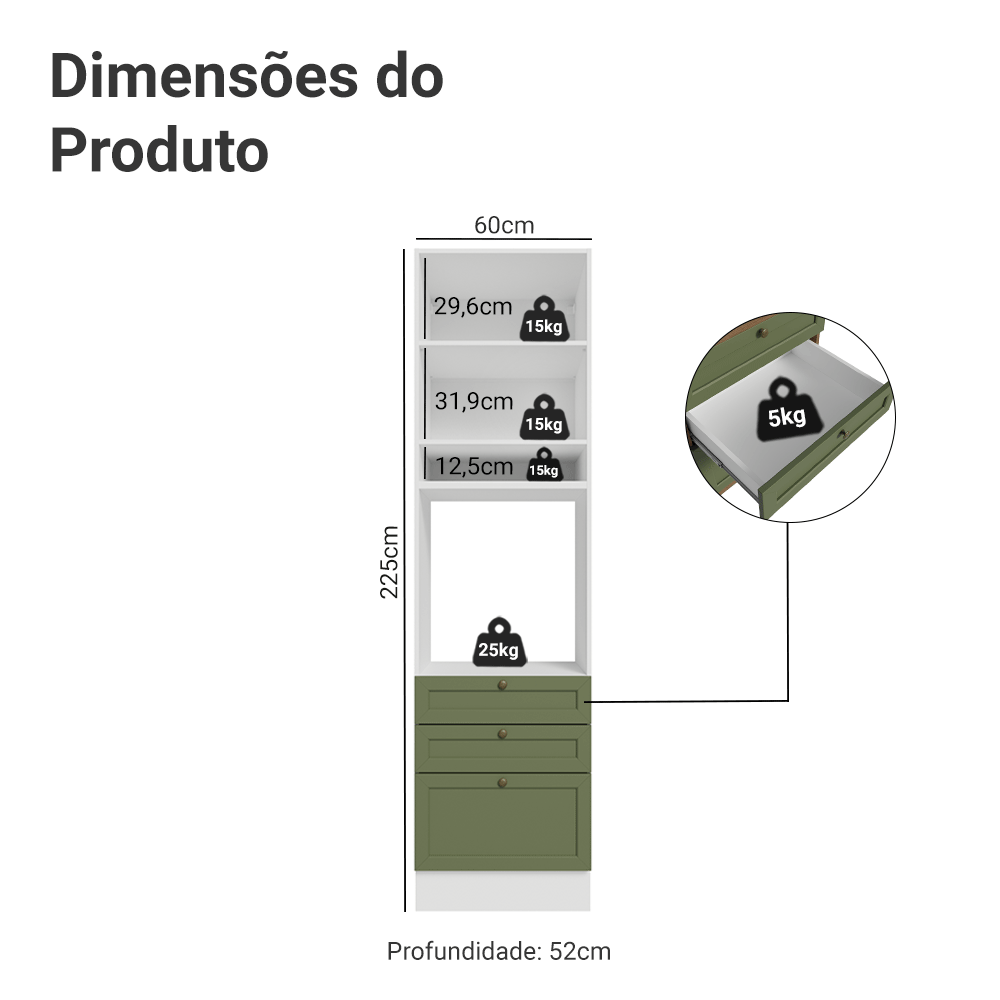Torre Quente 60 cm 1 Porta 3 Gavetas Branco/Verde Vik Madesa - Branco/Verde