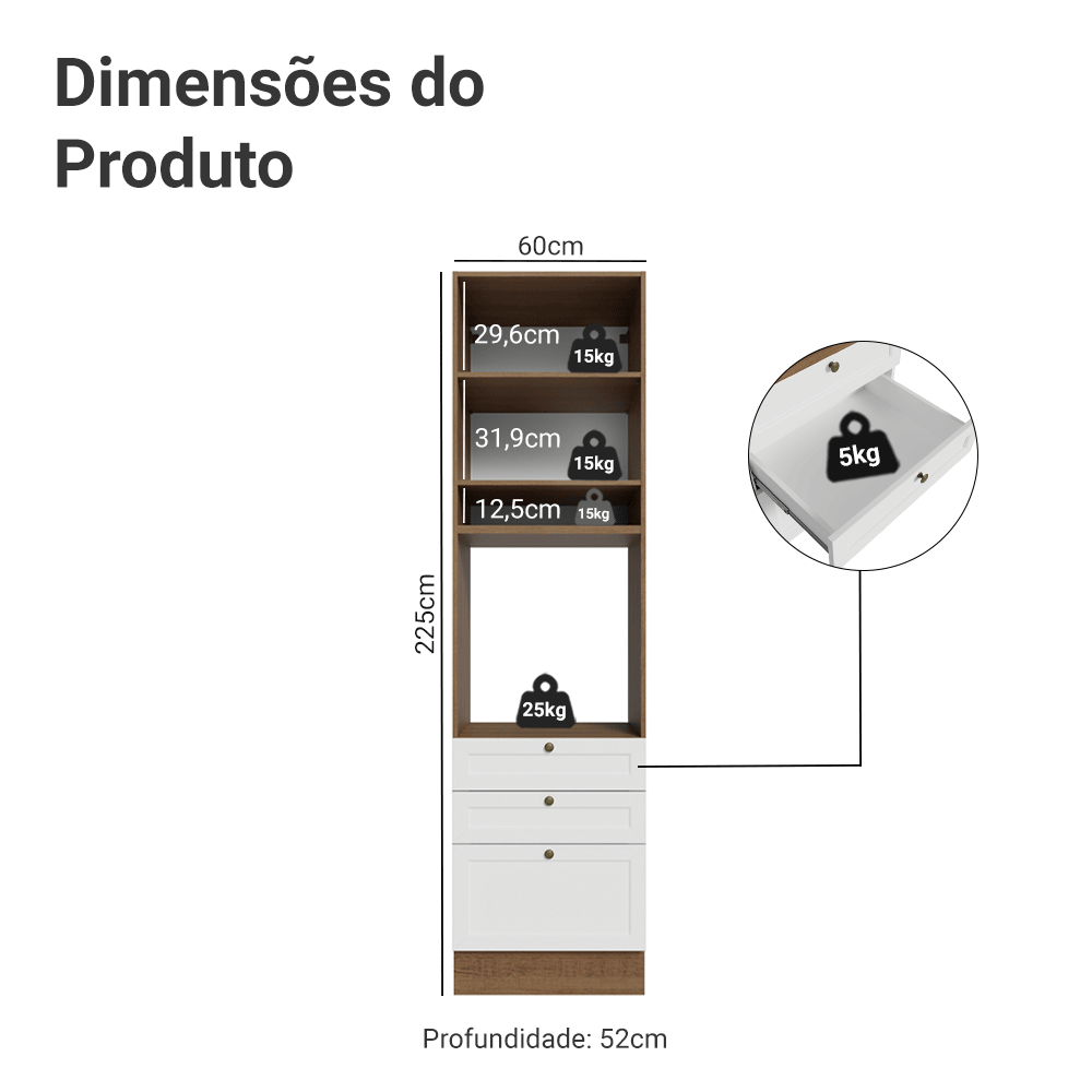 Torre Quente 60 cm 1 Porta 3 Gavetas Rustic/Branco Vik Madesa - Rustic/Branco