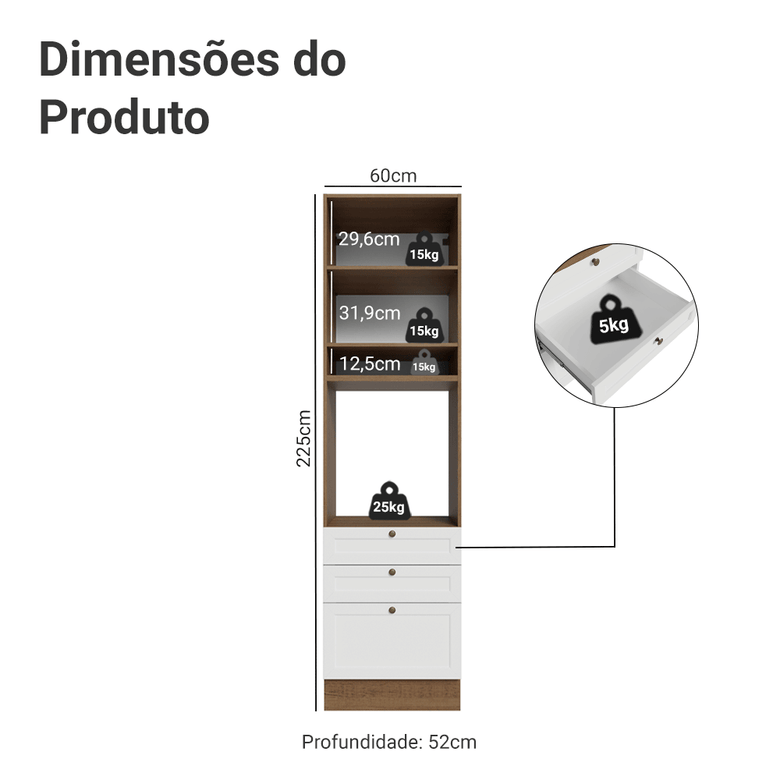 Torre Quente 60 cm 1 Porta 3 Gavetas Rustic/Branco Vik Madesa