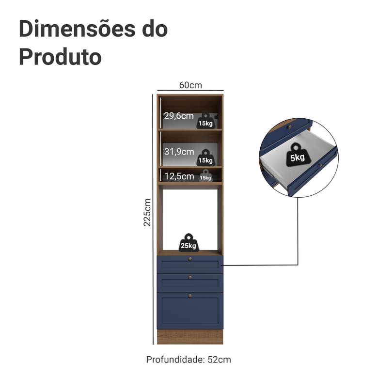 Torre Quente 60 cm 1 Porta 3 Gavetas Rustic/Azul Vik Madesa