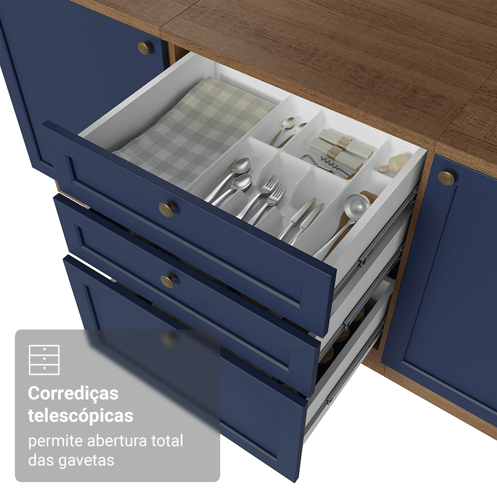 Torre Quente 60 cm 1 Porta 3 Gavetas Rustic/Azul Vik Madesa