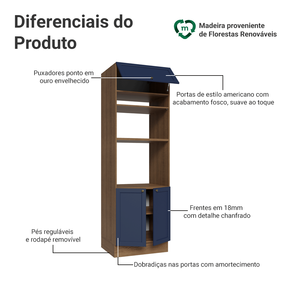 Torre Quente 70 cm 3 Portas Rustic/Azul Vik Madesa