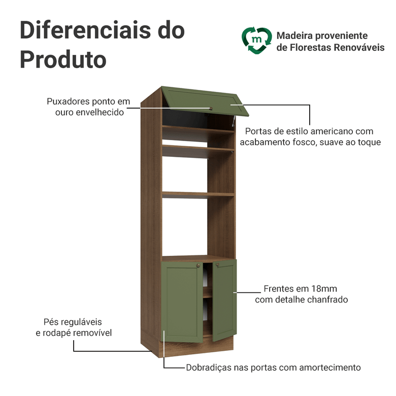 Torre Quente 70 cm 3 Portas Rustic/Verde Vik Madesa