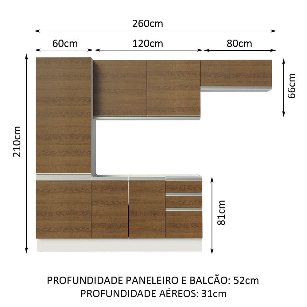 Armário de Cozinha Compacta 100% MDF 260cm Portas Branco/Rustic Acordes Madesa 02