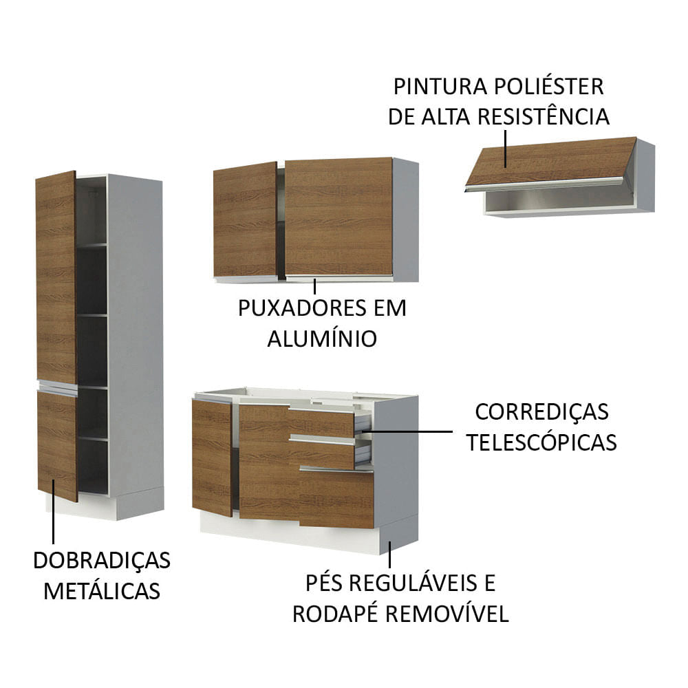 Armário de Cozinha Compacta 100% MDF 260cm Portas Branco/Rustic Acordes Madesa 02