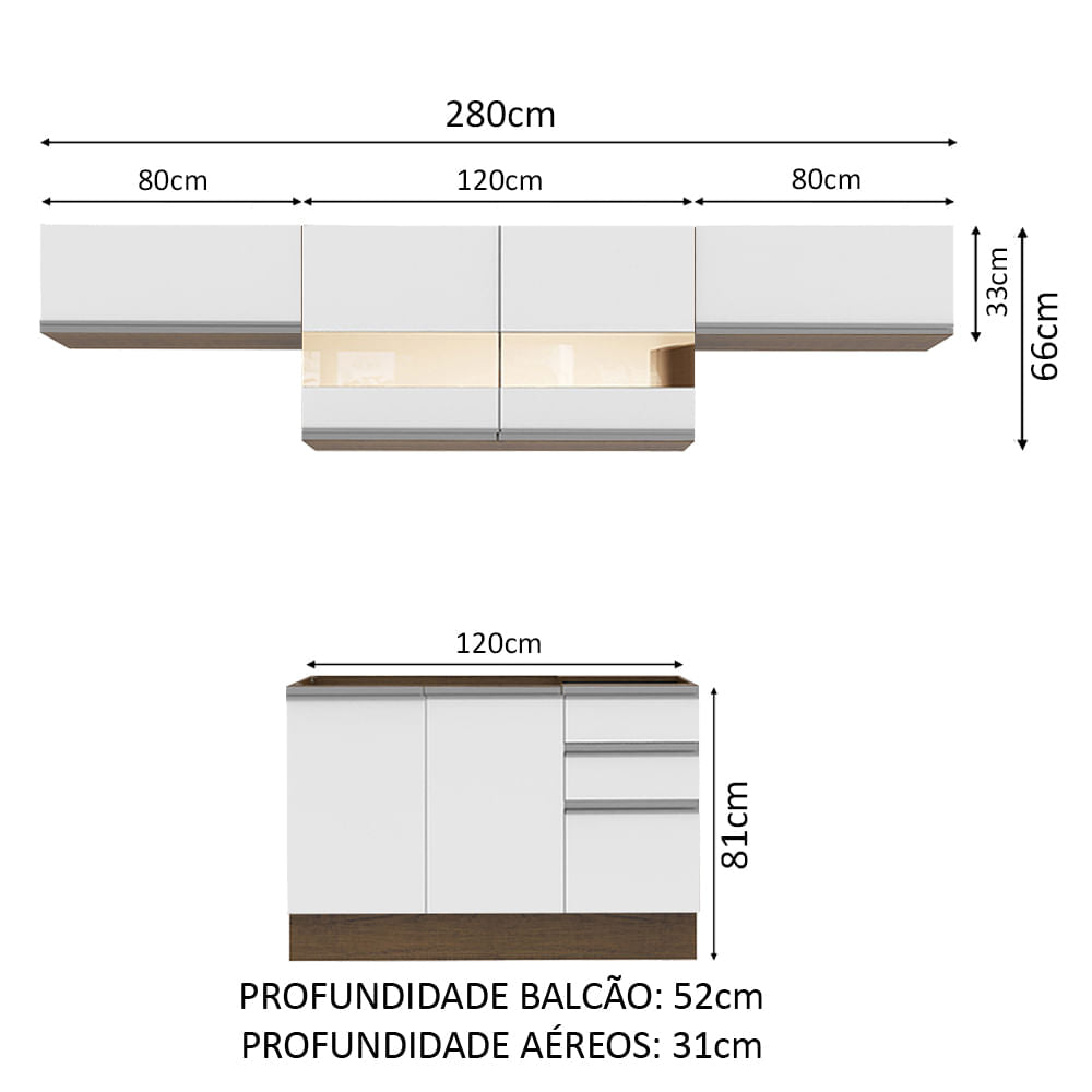 Armário de Cozinha Compacta 280cm Rustic/Branco Marina Madesa 01