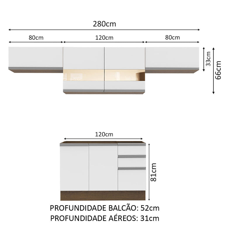 Armário de Cozinha Compacta 280cm Rustic/Branco Marina Madesa 01