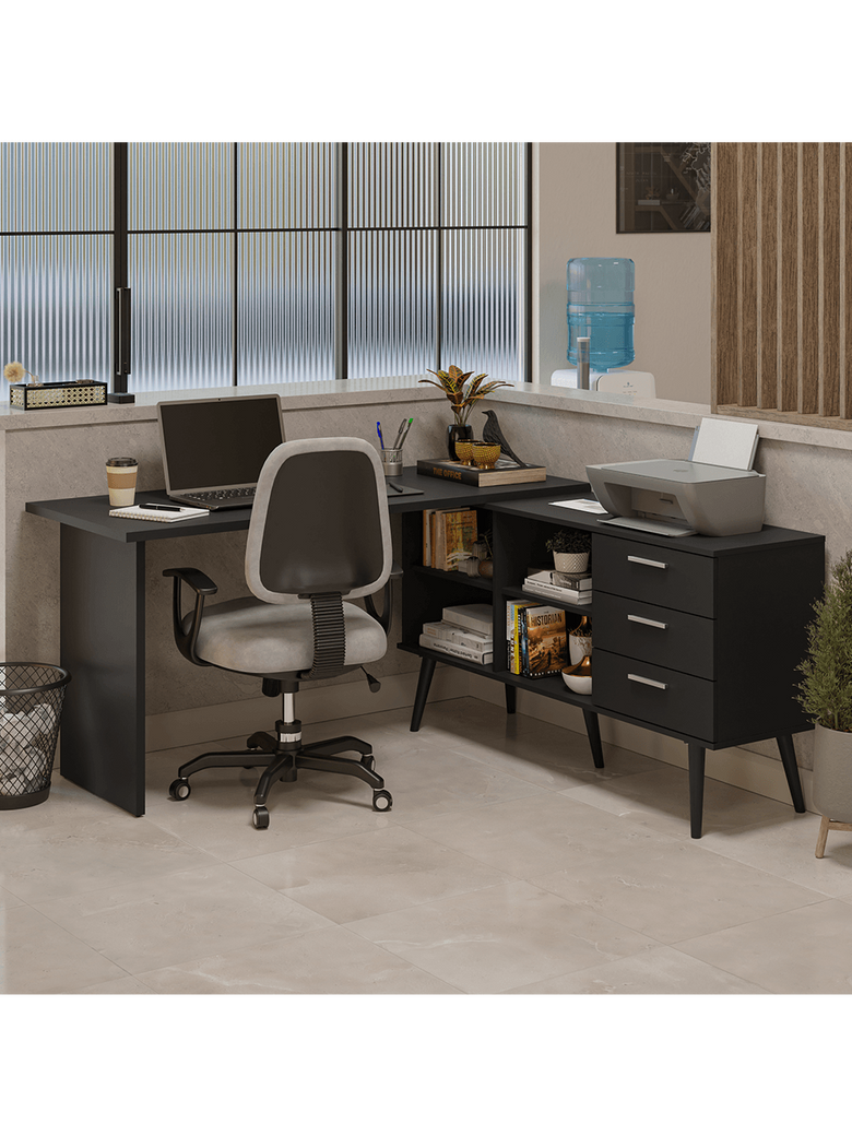 Mesa de Escritório em L 3 Gavetas Preto Lisboa Madesa