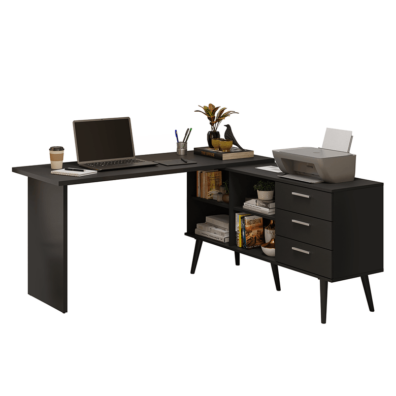 Mesa de Escritório em L 3 Gavetas Preto Lisboa Madesa