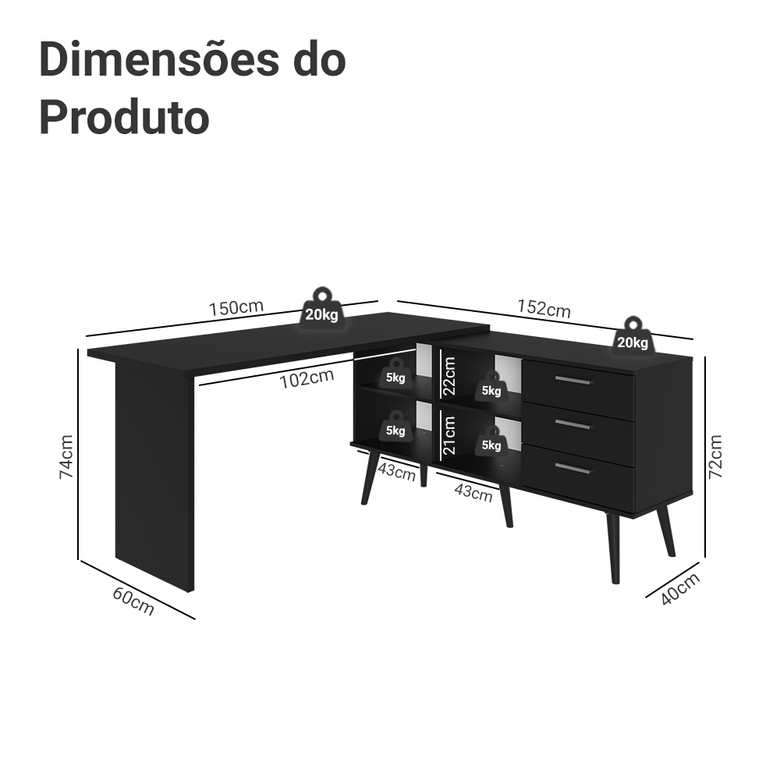 Mesa de Escritório em L 3 Gavetas Preto Lisboa Madesa