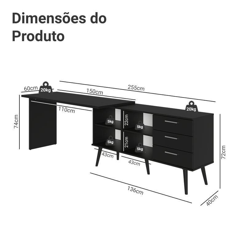 Mesa de Escritório em L 3 Gavetas Preto Lisboa Madesa