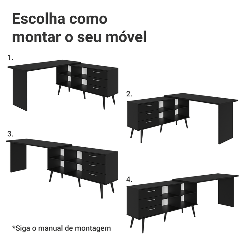 Mesa de Escritório em L 3 Gavetas Preto Lisboa Madesa