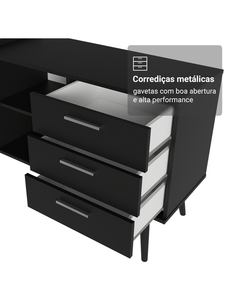 Mesa de Escritório em L 3 Gavetas Preto Lisboa Madesa