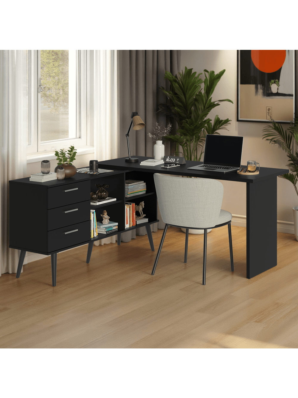 Mesa de Escritório em L 3 Gavetas Prreto Lisboa Madesa XA - Preto