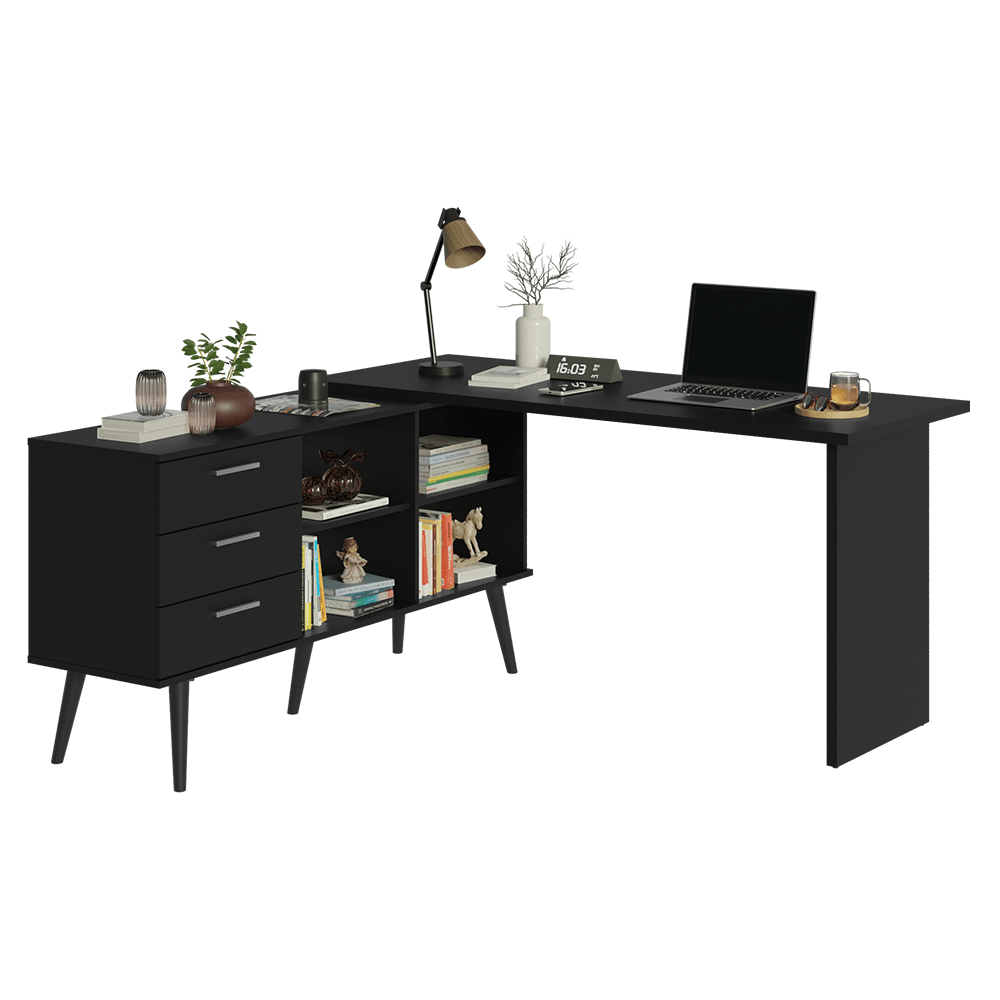 Mesa de Escritório em L 3 Gavetas Prreto Lisboa Madesa XA - Preto