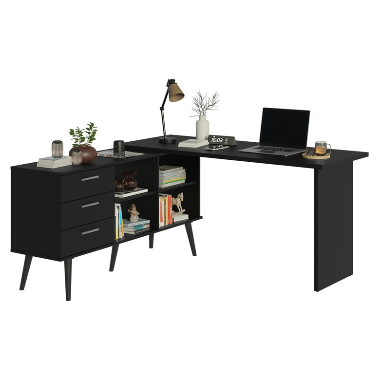 Mesa de Escritório em L 3 Gavetas Prreto Lisboa Madesa XA