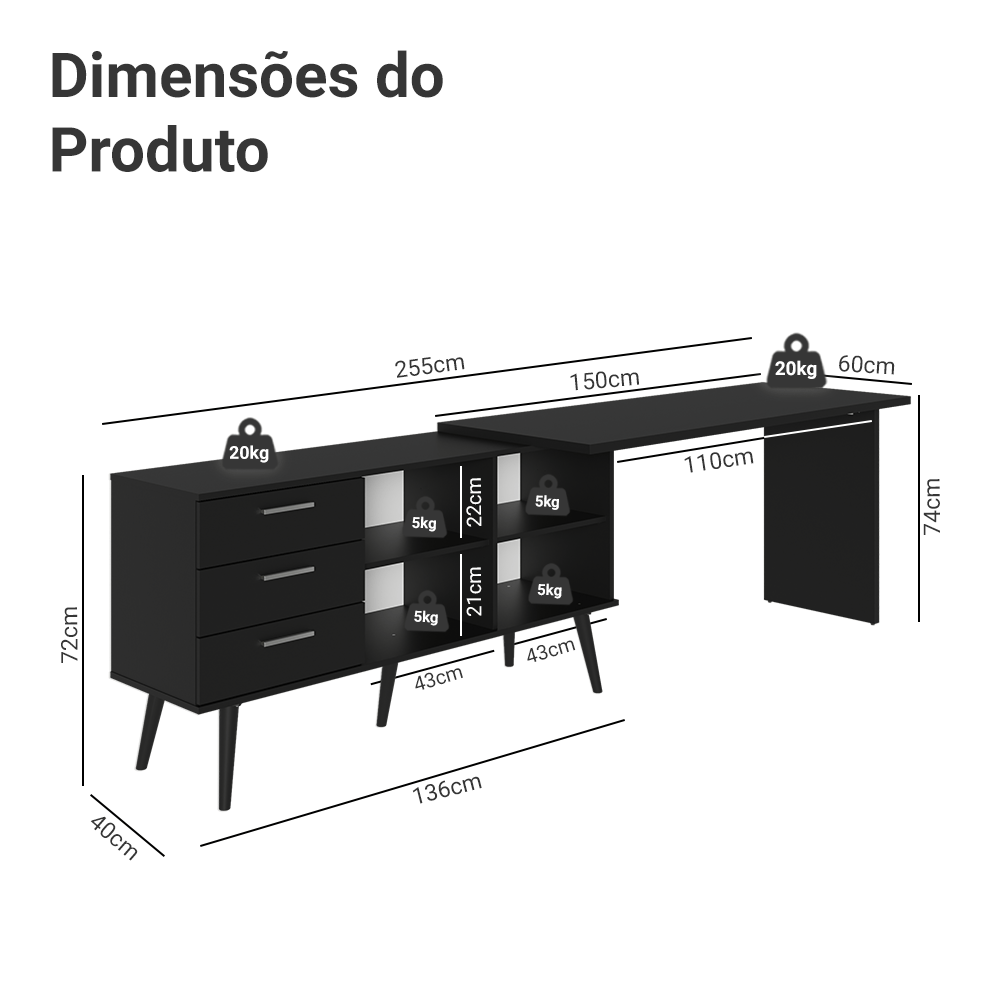 Mesa de Escritório em L 3 Gavetas Prreto Lisboa Madesa XA