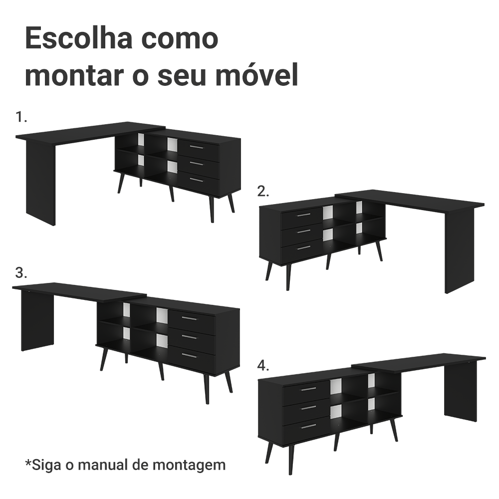 Mesa de Escritório em L 3 Gavetas Prreto Lisboa Madesa XA