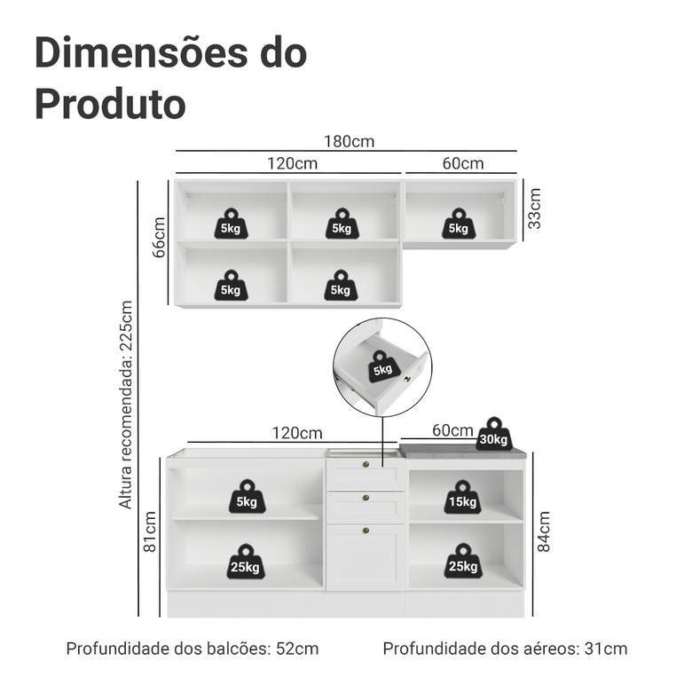 Armário de Cozinha Compacta 180 cm Branco Vik Madesa 01