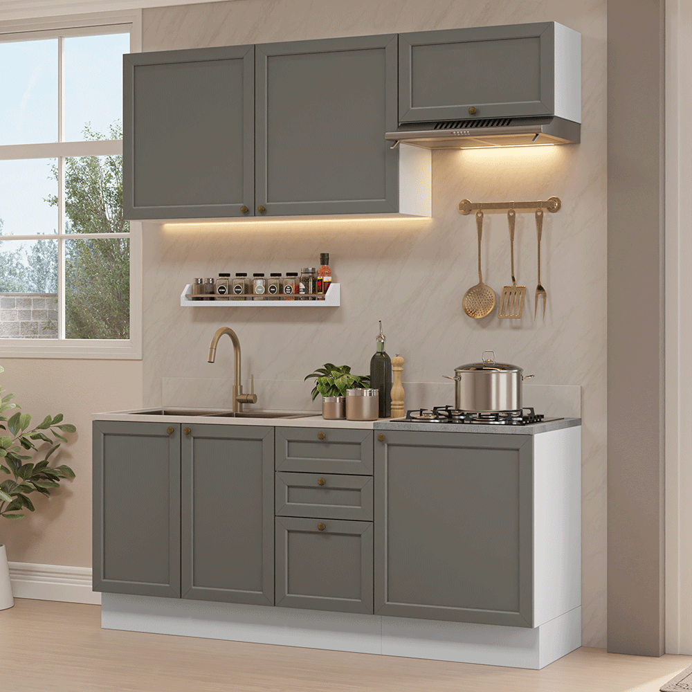 Armário de Cozinha Compacta 180 cm Branco/Cinza Vik Madesa 01 - Branco/Cinza