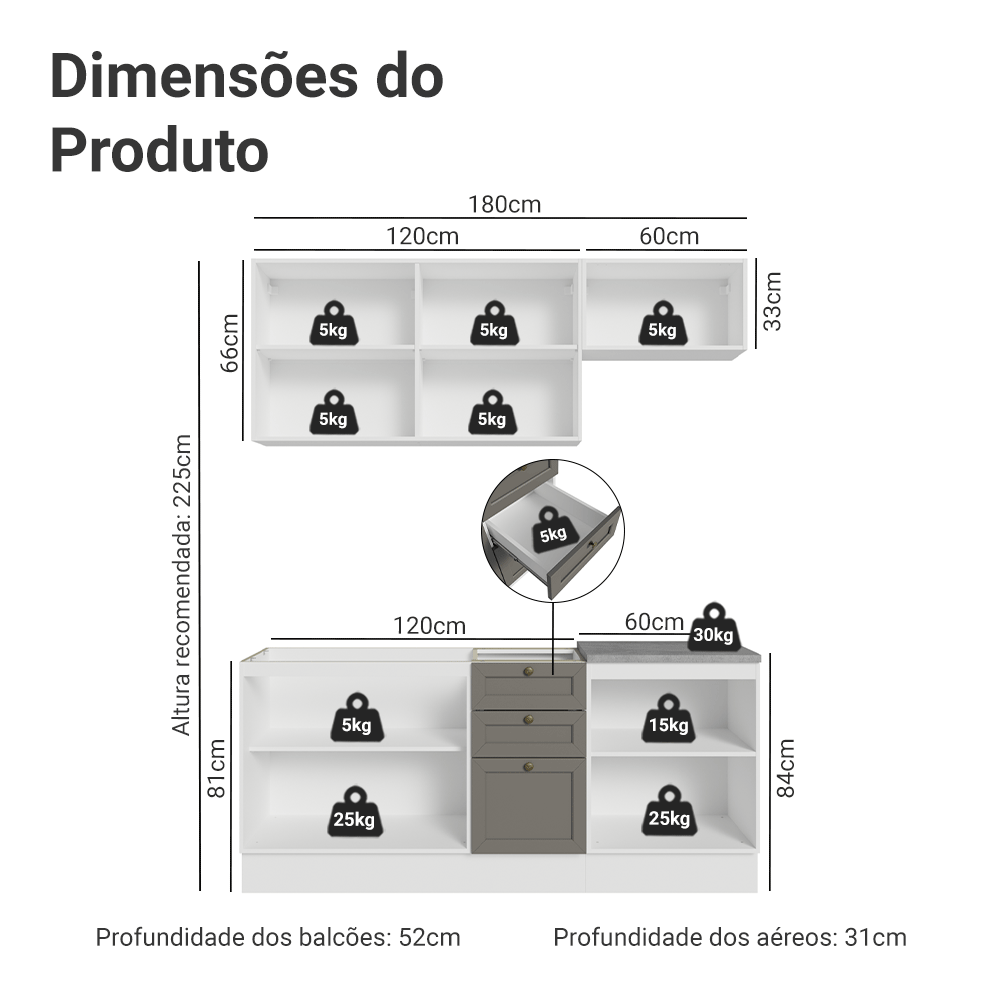 Armário de Cozinha Compacta 180 cm Branco/Cinza Vik Madesa 01